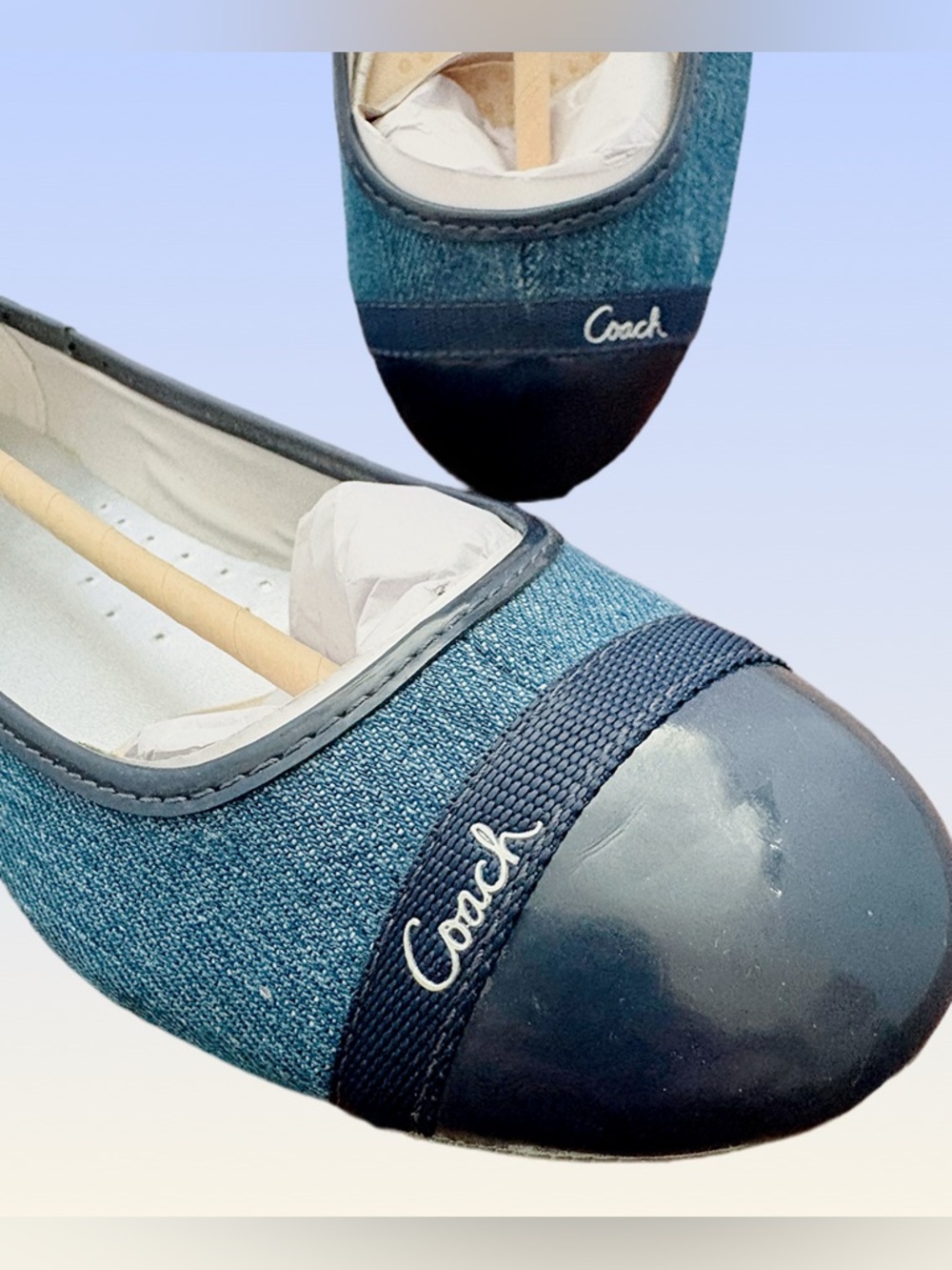 Coach 10B Blue Denim Ballet Flats with Navy Cap Toe
